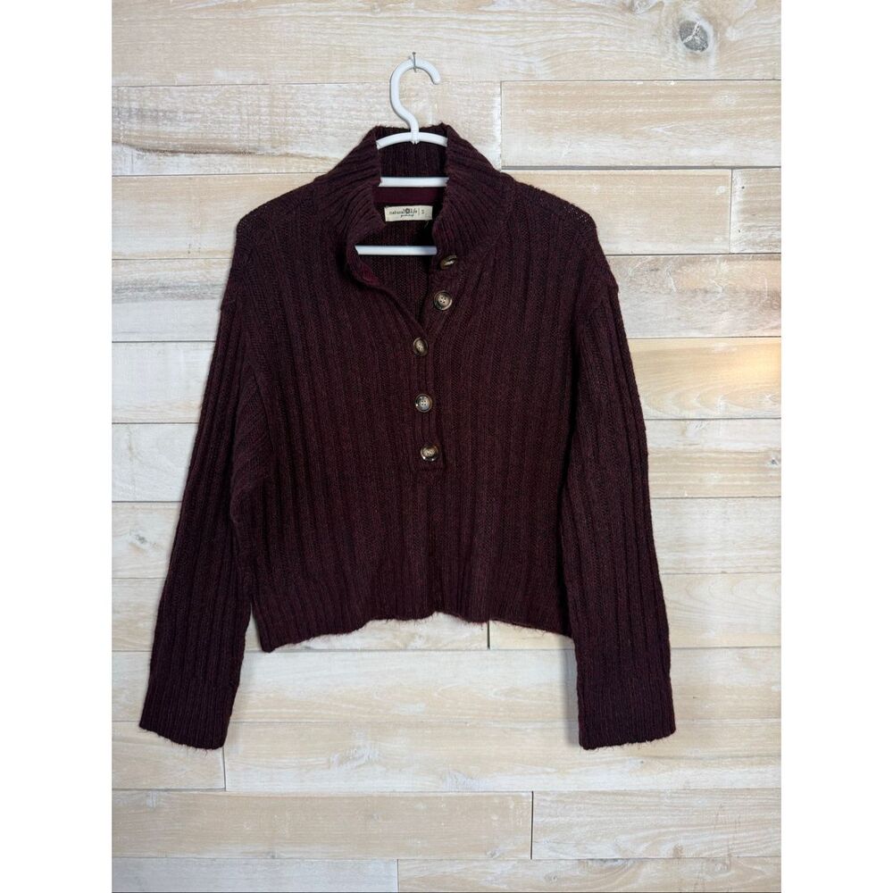 Natural Life Burgundy Cropped Button Sweater Earthy Boho Size S - Picture 2 of 6